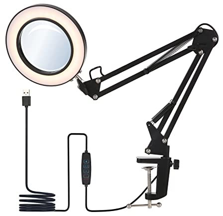 Ailgely Lampe Loupe LED 8X, Loupe Eclairante avec Pince 3 Couleur Loupe Lumineuse sur Pied Réglable, Loupe à Bras pour Lecture Artisanat Couture Soudure Broderie par USB, (Noir)