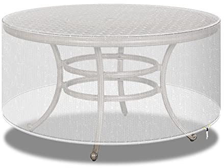 PATIO PLUS Rattan-Möbelabdeckungen rund, Terrassentischabdeckung wasserdicht, winddicht, Anti-UV, runde Gartenmöbelabdeckungen für Terrassentisch und Stühle - Extra groß 250x90cm Transparent