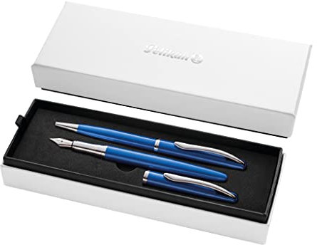 Pelikan Geschenkset Jazz Noble mit Füller und Kugelschreiber, Saphire (Blau), eleganter Patronenfüller (Feder M) und Kugelschreiber aus Metall, im Geschenketui, 821902