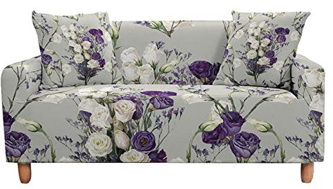 Mateju Rose Retro Sofabezug Sofaüberwürfe 1/2/3/4 Sitzer Antirutsch Ecksofa Couchbezug L Form Sofa Stretch Spannbezug Sesselbezug für Wohnzimmer Wohnkultur (Lila weiße Rose,1-Sitzer90-140cm)