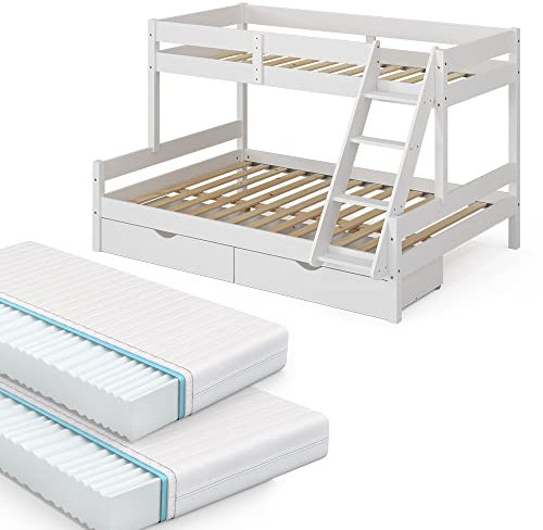 VitaliSpa Etagenbett Everest, Weiß, 140x200 / 90x200 cm mit 2 Matratzen und 2 Schubkästen