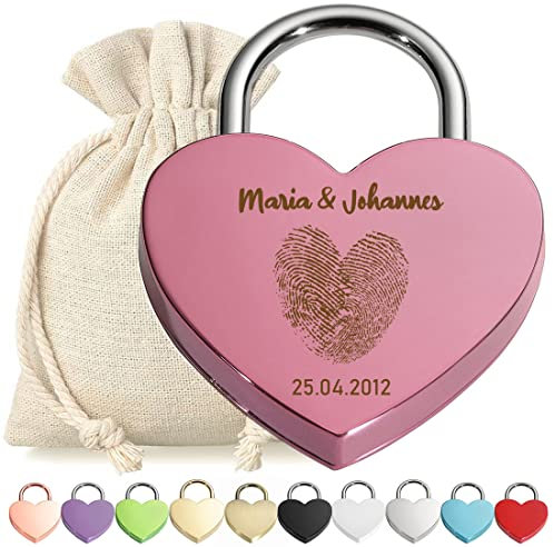 Liebesschloss Herz-Schloss Bügelschloss Pink mit Gravur - Motiv Herz Fingerabdruck - personalisiert - eloxiert - Stoff-Geschenkbeutel - Valentinstag, Jahrestag - Pärchen Geschenk - Present