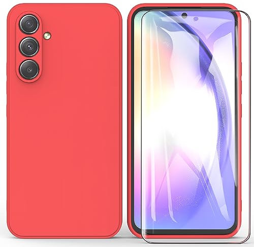 ARRYNN Funda Samsung Galaxy A54 5G con Cristal Templado Protector de Pantalla,Rojodp Ultra Slim Protectora Funda de Silicona Líquida Suave Case Cover para Samsung Galaxy A54 5G - Rojodo