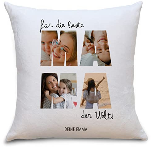 OWLBOOK® Muttertagsgeschenk für Mama - Personalisiertes Kissen mit Foto Bedrucken Lassen - Fotokissen mit 4 Fotos & Text selbst gestalten - Foto Kissen 40x40 cm mit Füllung