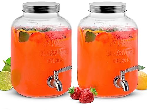 Kook Getränkespender aus Glas, mit auslaufsicherem Edelstahl-Zapfen, klares Einmachglas, Getränkeaufbewahrung für Kühlschrank, für Wasser, Eistee, Sangria, Limonade, 1 Gallone (2, Silber)