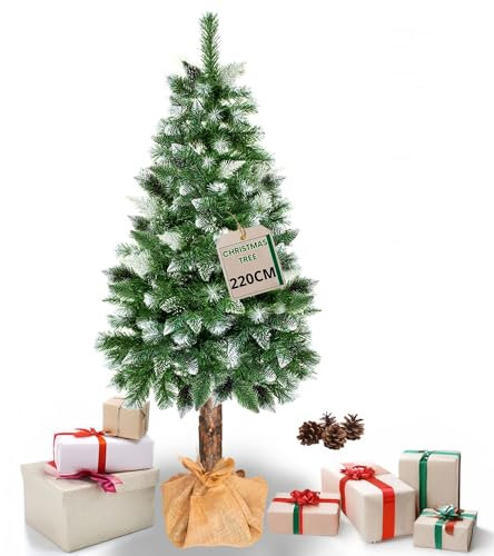 SPRINGOS Arbre de Noël 220 cm en pin Domestique avec Support de Tronc Naturel Neige Artificielle