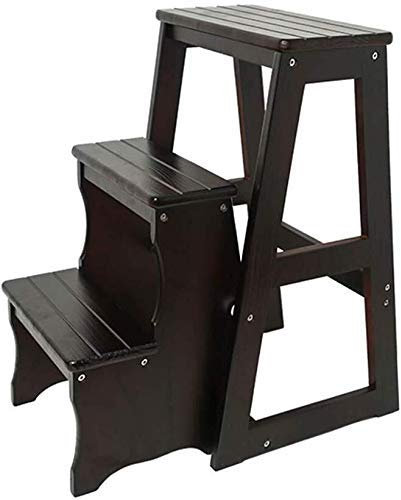 KAZUP Indoor-Kletterhocker, zusammenklappbare Haushaltsleiter aus massivem Holz, Multifunktions-Treppenstuhl, aufsteigender Hocker, 2/3 Stufen, Schwarze Walnussfarbe (Größe: 56 cm) (64 cm)