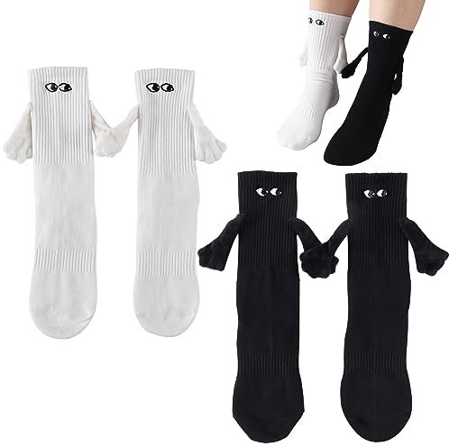 PRAOAHEI Magnetische Socken mit Händen Hand in Hand mit Magnetarmen Lustige Alberne Geschenke für Freunde Herren Familie Freundin Freund Liebende Paar (Schwarz+Weiß, 35-41, 2 Paar)
