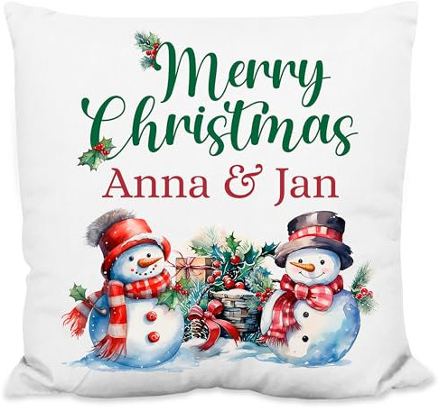 Deko-Kissen personalisiert mit Wunschtext „Merry Christmas“ - mit Schneemänner-Motiv - 40x40cm, inkl. Kissen-Füllung | Zierkissen Weihnachtskissen Weihnachts-Geschenk (Flauschiges Kissen)