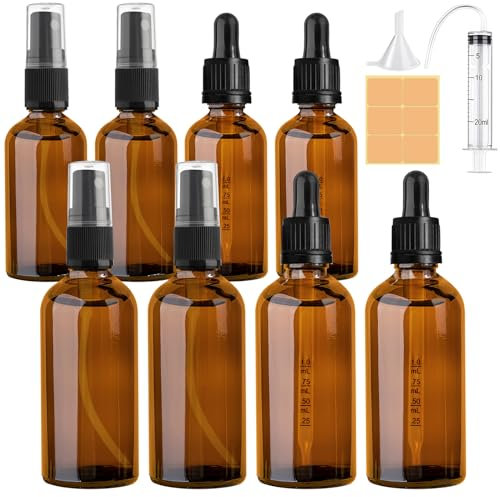CoKeeSun 8pcs Glass Dropper Bottle 100ml, Spray Bottle 100 ml, Brown Dropper Bottles with Pipettes 50ml, Spray Bottle 50 ml, Reusable Amber Glass Bottle Set for Hair Oil Cosmetics