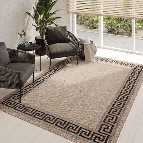 TAPISO Melissa Teppich Outdoor Braun Schwarz Griechisch Sisal Indoor Wohnzimmer Küche Flur Balkon Terrasse Kurzflor Wasserfest ÖKO-TEX 200 x 290 cm
