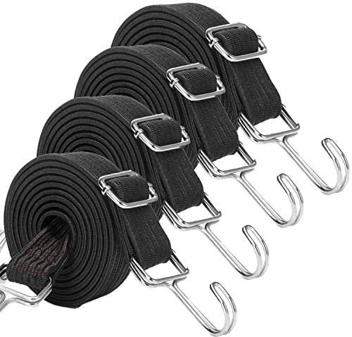 JETAINE Bungee Cords With Hooks, 4 Pack Adjustable Bungee Straps, 150CM Long Flat elastic Rope with Hooks, Large Heavy Duty Rubber Elastic Straps with Metal Buckle for Bike Camping Luggage Roof Racks