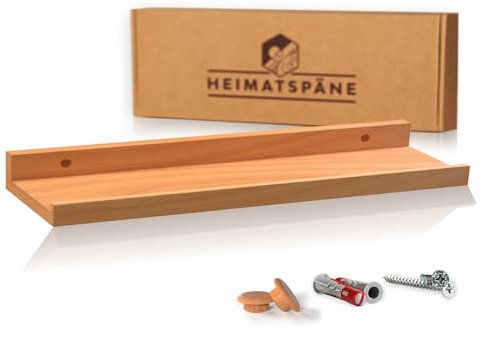 Heimatspäne Bilderleiste Kernbuche 60cm - Wandregal Holz [inkl. Schraubenabdeckungen aus Echtholz] Regalbrett Holz als Wandboard oder Schweberegal