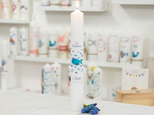meinkerzenshop Kommunionkerze mit Designdruck Jon personalisiert mit Name und Datum, individuell für Junge und Mädchen