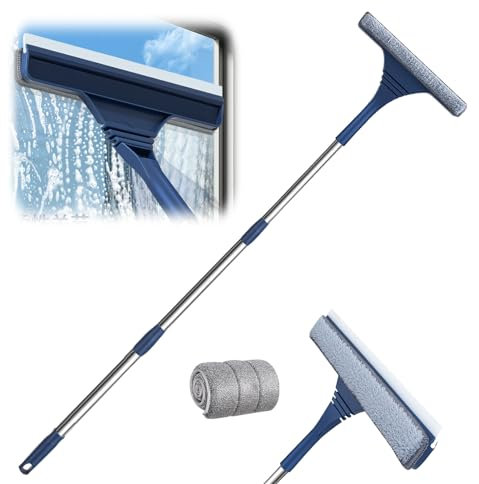 Fensterputzer-Reiniger Mit Teleskopstiel, 2 In 1 Professioneller Fensterwischer Mit Fensterabzieher, Glaswischer Für Dusche Und Glastür, Fensterreiniger Für Hohe Fenster Im Innen- Und Außen (135CM)