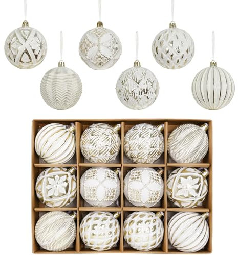 XmasExp Set di ornamenti per albero di Natale rustici vintage, decorazioni per albero di Natale in stile rustico, infrangibili, antichi e tradizionali (oro bianco, 12 pezzi