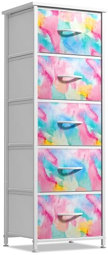 Sorbus Kids Dresser with 5 Drawers - Storage Chest Organizer Nightstand - Steel Frame, Wood Top, Tie-Dye Fabric Bins for Clothes - Wide Furniture for Bedroom, Hallway, Nursery, Closet, & Apartment