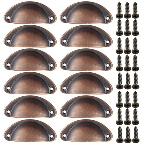 Mokife Muschelgriffe Rustikal Kupfer, 12 Stück Schrankgriffe Metall Küche Schrank Zieht Möbel Türgriffe mit Schrauben für Kommode Schränke Schublade Kabinett Küchenschränke