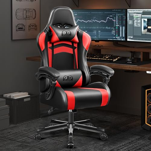 OneGame Ergonomischer Gaming Stuhl, hoher Rücken Computer Gamer Stuhl, höhenverstellbarer Game Stuhl, Racing Style Gaming Bürostuhl mit Kopfstütze und Lendenwirbelstütze, Schwarzrot