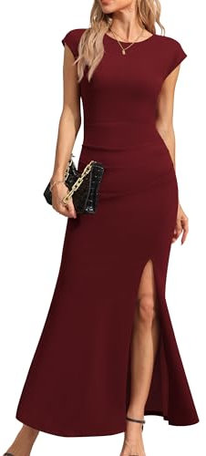 Missufe Damen Abendkleid Cocktailkleid Ballkleid Maxikleid Lang Elegant Hochzeit Festlich Bodycon Meerjungfrau Kleider mit Schlitz (Weinrot, groß)