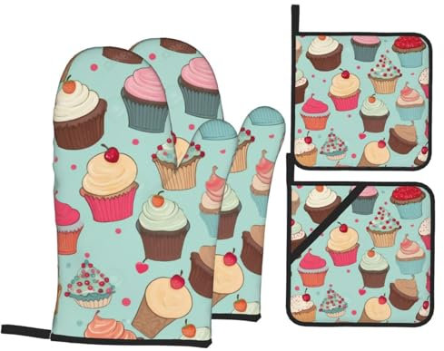 Ofenhandschuhe und Topflappen mit Cupcake-Muster, 4-teiliges Set, hitzebeständige Ofenhandschuhe und Topflappen, 4-teilig, für Küche, Chef, Grillen, Kochen, Backen, Grillen