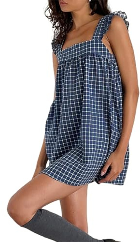 FeMereina Damen-Minikleid mit Rüschenbesatz, quadratischem Ausschnitt, Flügelärmel, hohe Taille, gesmoktes Kleid, kariert, lockere Passform, Cami-Kleid, dunkelblau, L