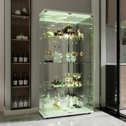 Vitrine en Verre, Vitrines pour Collectionneurs, Vitrine en Verre Miroir, Armoire de Rangement en Verre Sur Pied, Vitrine Led, 4 étagères, 2 portes, pour Chambre et Salon(80.5*36.5*163.9, Blanc)