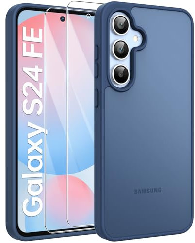 FLLAO Mat Compatible avec Samsung Galaxy S24 FE 5G et 2 Pièces Verre Trempé, Protection Antichoc Qualité Militaire, Anti-Empreintes étui de Housse Arrière Translucide Givrée. (Bleu Foncé)