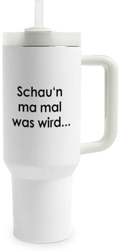 Prozente Momente Schaun ma mal was wird... - Thermobecher | 1,2 Liter Fassungsvermögen | inkl. Trinkhalm | hochwertig | lustige Motive | doppelwandiger Becher To Go