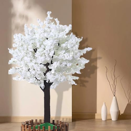 HJDSUDU Árbol de Cerezo Blanco de 5 pies, decoración de simulación de Flores de Cerezo, árbol de Cerezo Artificial, árbol de Deseos de Navidad Hecho a Mano, con de Madera y Flores Blancas
