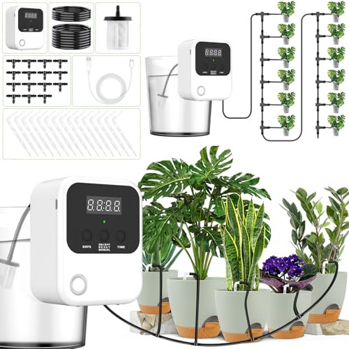 LADYSONS Sistema di irrigazione, irrigazione automatica per interni con 15 punte a goccia, sistema di irrigazione a goccia ricaricabile per giardino, balcone piante, fino a 15 piante in vaso