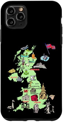iPhone 11 Pro Max tourist illustrated map of United Kingdom, major cities, UK Case