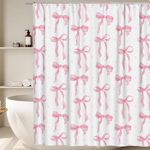 Onperpoe Süßer Duschvorhang, rosa Duschvorhang mit 12 Haken, schimmelresistent, wasserdicht, ästhetisch, Badezimmervorhänge, kokett, Duschvorhang, 180 x 180 cm, rosa Schleife