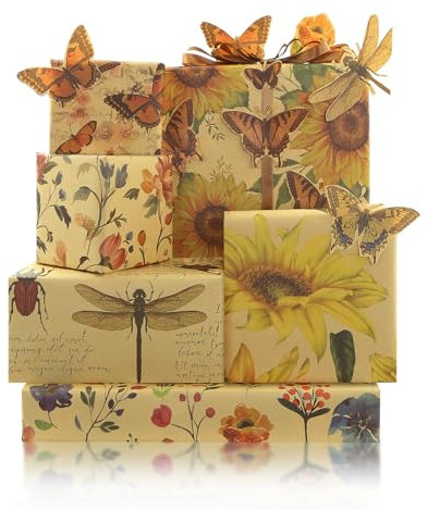 Geschenkpapier Vintage-Stil, Boho, Sonnenblume, Schmetterling, Libelle, Käfer, Blumenmuster, mit 22 m Seidenband, 6 Blätter,50 x 70 cm, Geschenkpapier für Frühling, Sommer, Brautparty, Geburtstag