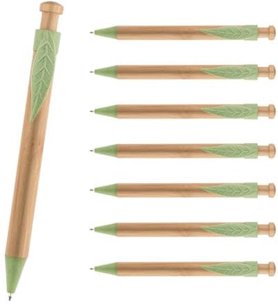 WPRO Bambus Kugelschreiber Set Filly 8 Stück grün – nachhaltiger Stift aus Bambus & Weizenstroh mit Clip in Blattform – umweltfreundlich für Büro & Schule