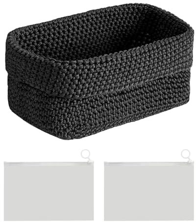 Eleganter Schwarzer Häkelkorb aus Kunstfaser - Faltbarer Organizer mit 2pcs Frosted Peeling-Tasche, Ideal für Bad, Gästehandtücher, Kosmetik & Deko | Platzsparende Aufbewahrung (21x13x15,5 cm)