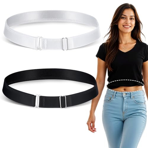 Tyqour 2 cinturones elásticos ajustables para mujer, banda de ajuste para camisa para mujer, cinturón de ajuste perfecto para recortar camisas, suéteres y más (negro y blanco), negro, blanco, M