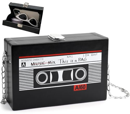 NCTNCX Kassette Handtasche Mit Kette Discokugel Tasche Retro Tasche SchräGe Schultertasche 90er Und 80er Accessoires Damen FüR Jahre Disco Party Dekoration (Schwarz)