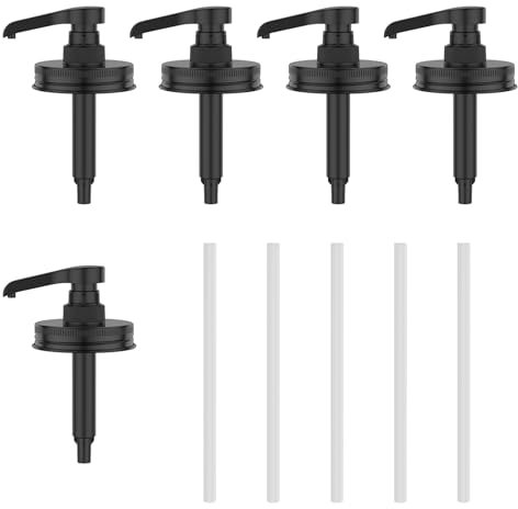 5-Pack Stainless Steel Mason Jar Syrup Dispenser Pump Lids,Rust-Proof Leak-Proof for Regular-Mouth Jar,Honey,Liquid Condiments,Ketchup,Coffee Glaze (Black)