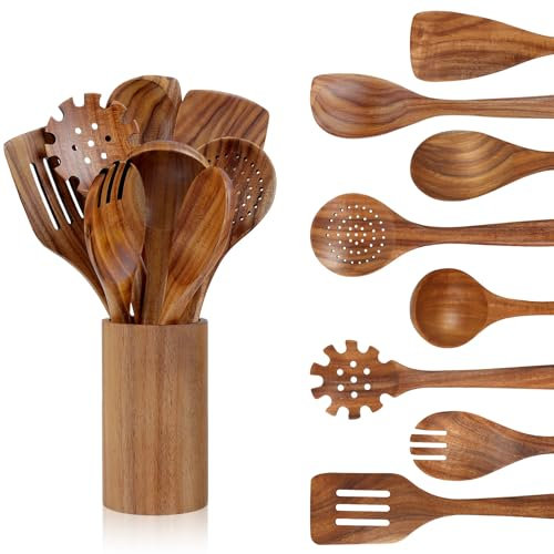 comfoyar Teak Wooden Spoons for Cooking, 9 Pieces Kitchen Cooking Utensils Set with Holder and Ladle, Heat Resistant Kitchen Cookware for Nonstick Pan