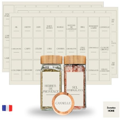 SWEETCO HOME – Etiquettes autocollantes bocaux – 232 etiquettes epices en français, vinyle premium imperméable, rondes + rectangulaires, design beige élégant pour pots a epices – Organisation cuisine