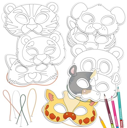 Papierdrachen Bastelset für Kinder - 8 Papiermasken zum Ausmalen & Basteln - Kreativ-Set inkl. Gummizug - verschiedene Motive - ideal für Kindergeburtstag & Fasching - ab 3 Jahren