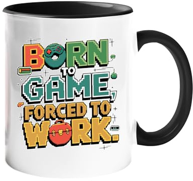 Excudo Trade LTD Born to Game Forced to Work Color Mug Gamer Coffee Cup Funny Retro Gaming Gift Colored Handle with Game Controller Nerdy Gamer Desk - Black