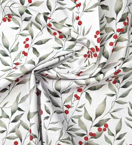 Christmas Cotton Fabric - Red Berries & Leaf Print on Ivory- Craft Clothing Xmas Fabric Material Metre