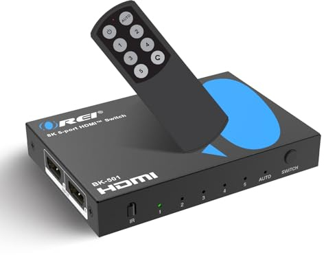 OREI Commutateur HDMI 8K 5 en 1 Sortie – Commutateur HDMI avec télécommande 8K @ 60 Hz 4:2:0/4K @ 120 Hz 4:4:4-48 Gbps avec HDR10+, VRR, ALLM et QFT, CEC – pour PS5, Xbox, Roku, Fire TV
