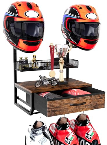 TQVAI Helmet Holder Wall Mount, Hold up to 2 Helmets, Motorcycle Helmets Rack with Drawer and Mesh Basket for Motorcycle Accessories, Hanging Protective Gear Shelf for Backpack Boots