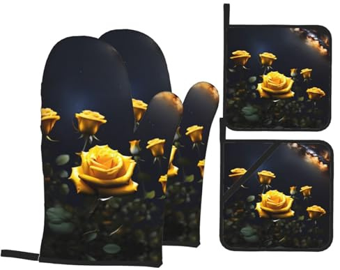 Lot de 4 gants de cuisine et tapis résistants à la chaleur Motif roses jaunes Convient pour griller, frire et cuire au four à micro-ondes