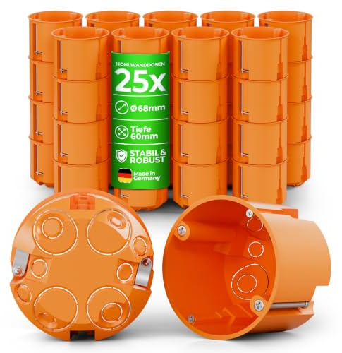 Elektro Butler Unterputzdose Hohlwanddose 68mm – Hohlraumdose Ø 68 mm – 60 mm tief – für Trockenbau & Gipskarton – Unterputzdosen für Schalter & Steckdosen – orange – 25 Stück