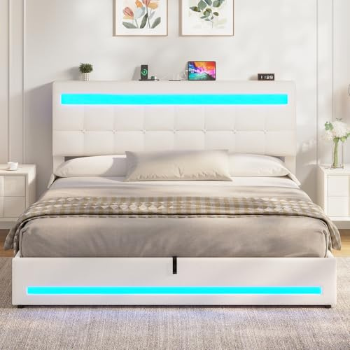 AOGLLATI Polsterbett 160 x 200 mit LED Beleuchtung und Ladestation, Bettgestell mit Höhenverstellbares Kopfteil und Stauraum, Hydraulisches Bett 160 x 200 cm,Lattenrost, Linen,Ohne Matratze, Beige