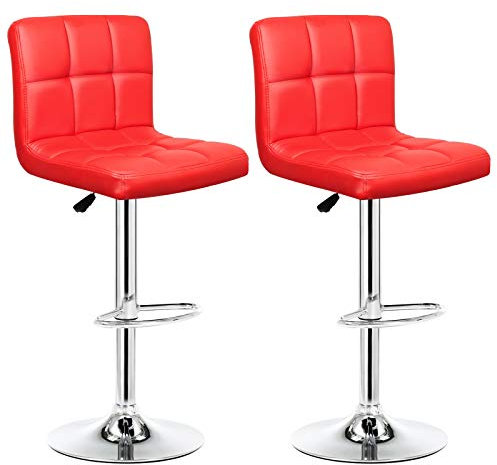 2er-Set Barhocker, Barstuhl mit Lehne und robustem Standfuß, Höhenverstellbar Tresenhocker, Moderner Drehhocker für Küchen und Bars, pflegeleichter Kunstleder, dick gepolsterte Sitzkissen (Rot)